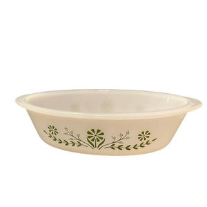 Glasbake Vintage Oval Dish in Green Daisy Pattern J235 1 Qt.